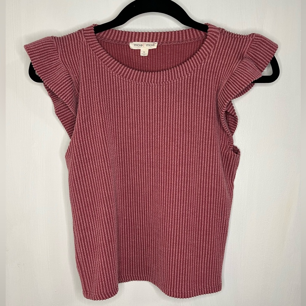 Moa Moa Pink Flutter Sleeve Ribbed Blouse
